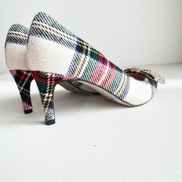 J Crew Wool Plaid Sparkly Bow Heels 6 - Picture 8 of 10